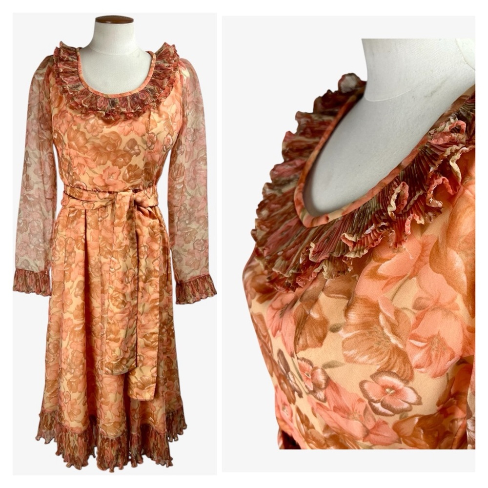 VTG 60s Victor Costa Floral Micro Pleat Ruffle Dress Size 4
